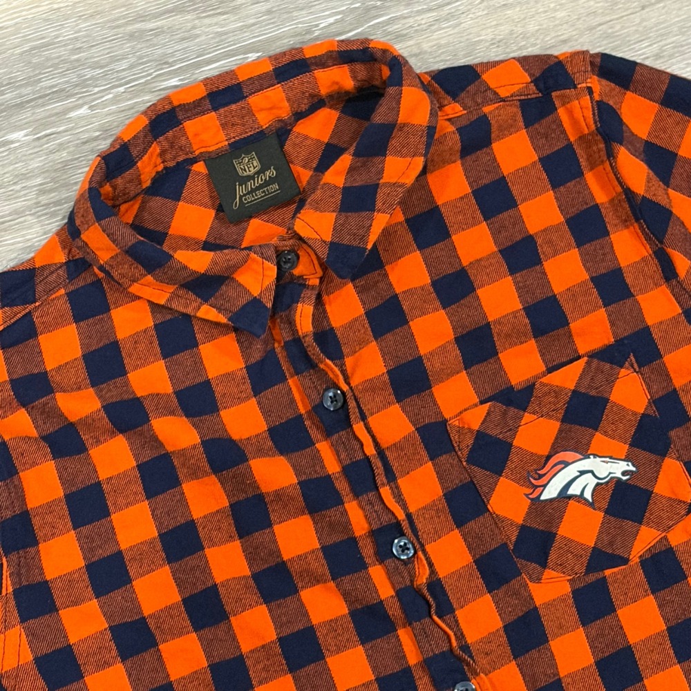 NFL Denver‎ Broncos Juniors Orange Navy Buffalo Plaid Flannel Shirt XL